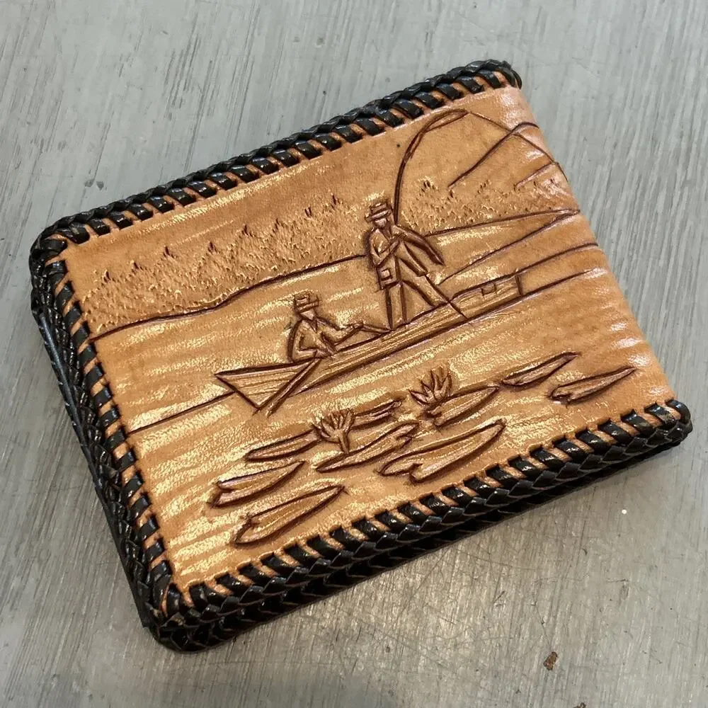 Vtg Hand Tooled Leather Bi Fold Wallet Lake Fishing Fish Scene